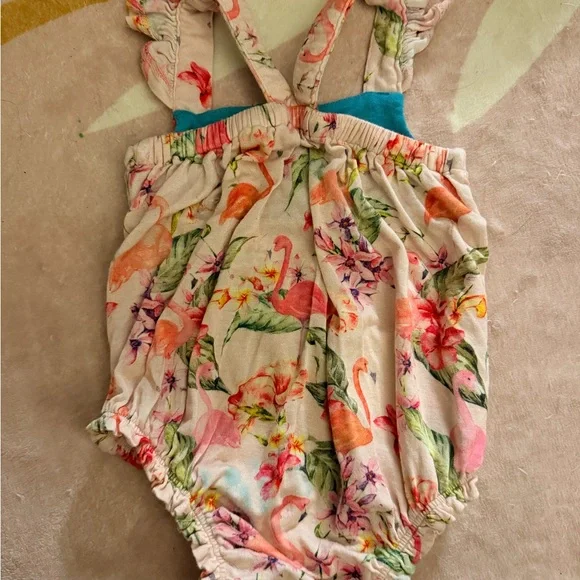 Posh Peanut Pink Flamingo 🦩Floral Baby Romper - Picture 2 of 3